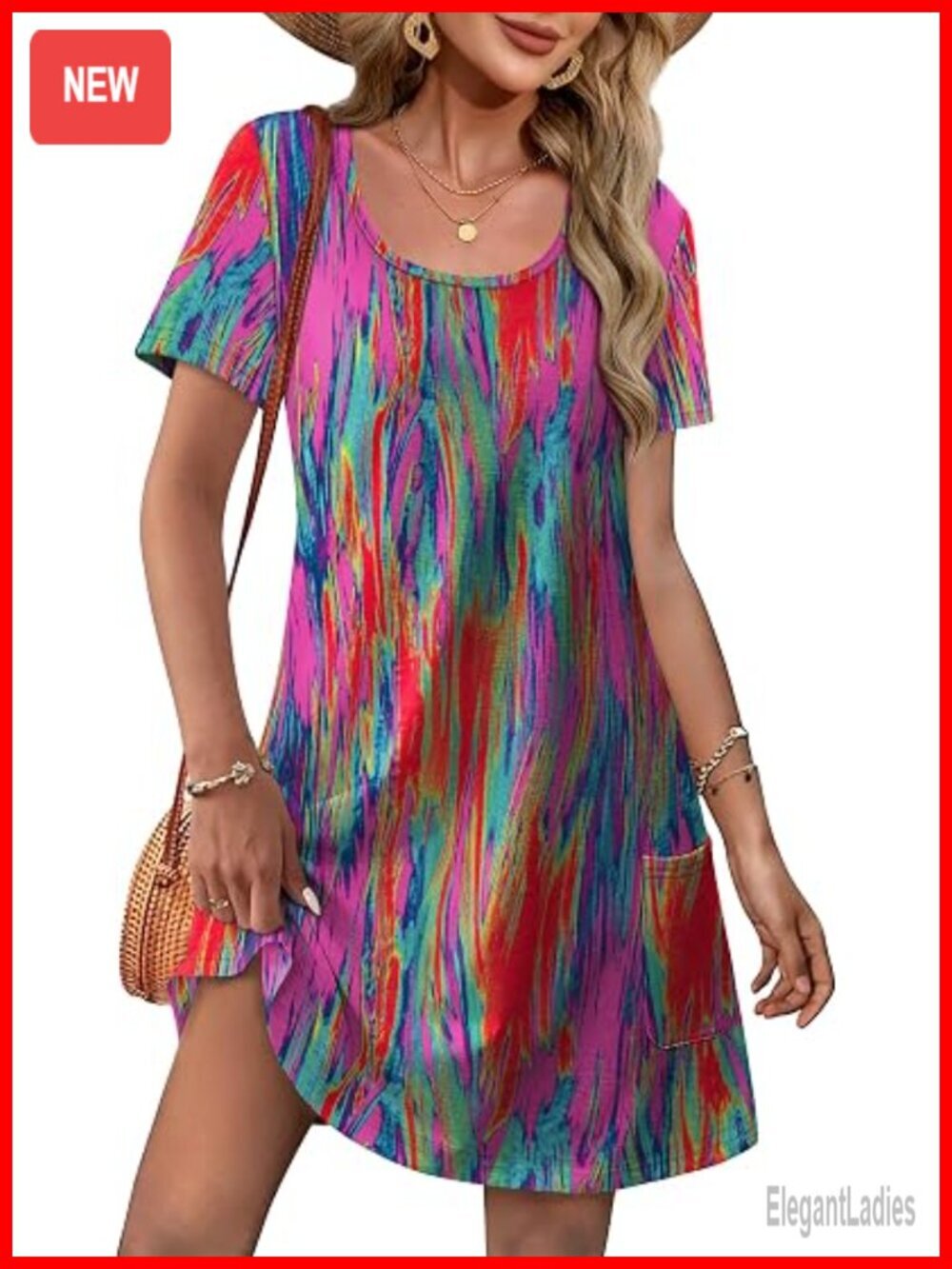 Loose Fit U Neck Short Sleeve Casual Dress with Pockets